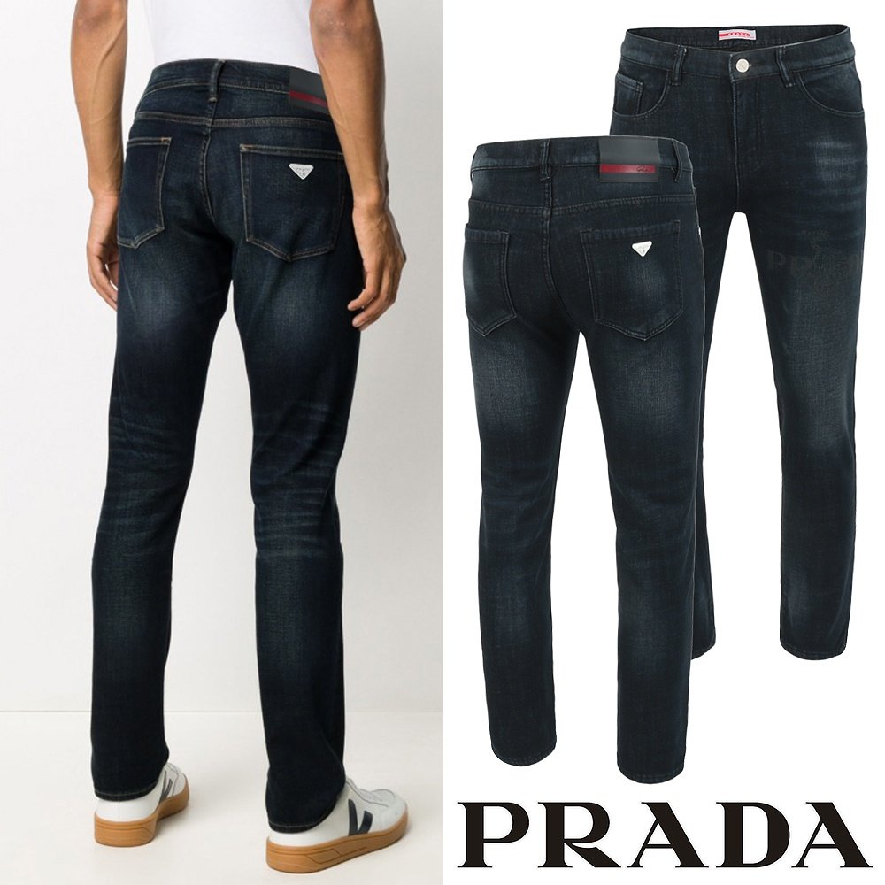 PRADA 프라다 화이트 트라이앵글 진청 슬림진