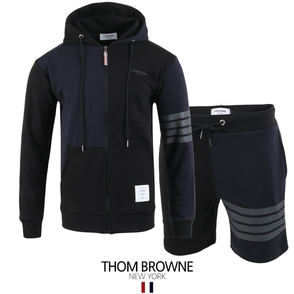 THOM BROWNE 톰브라운 배색 4선 후드집업 & 반바지 셋업