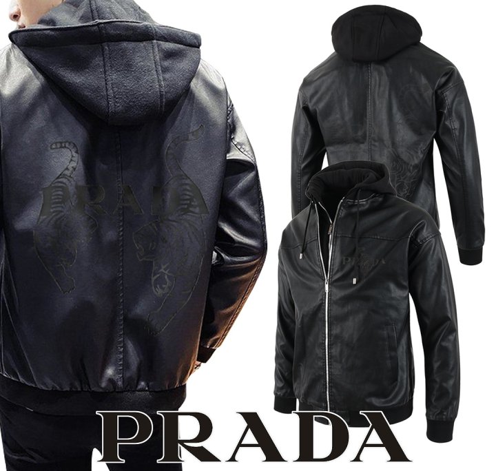 PRADA 프라다 타이거 로고 후드 레더 집업