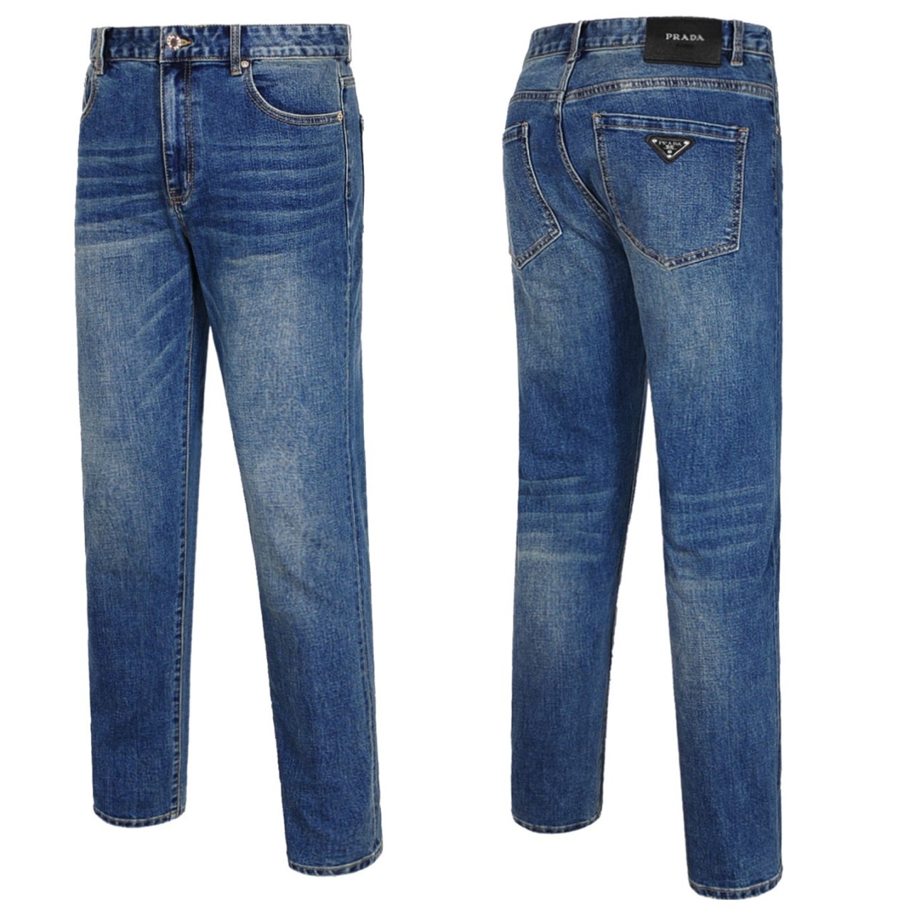 PRADA 프라다 메탈 삼각패치 중청 캣워싱진