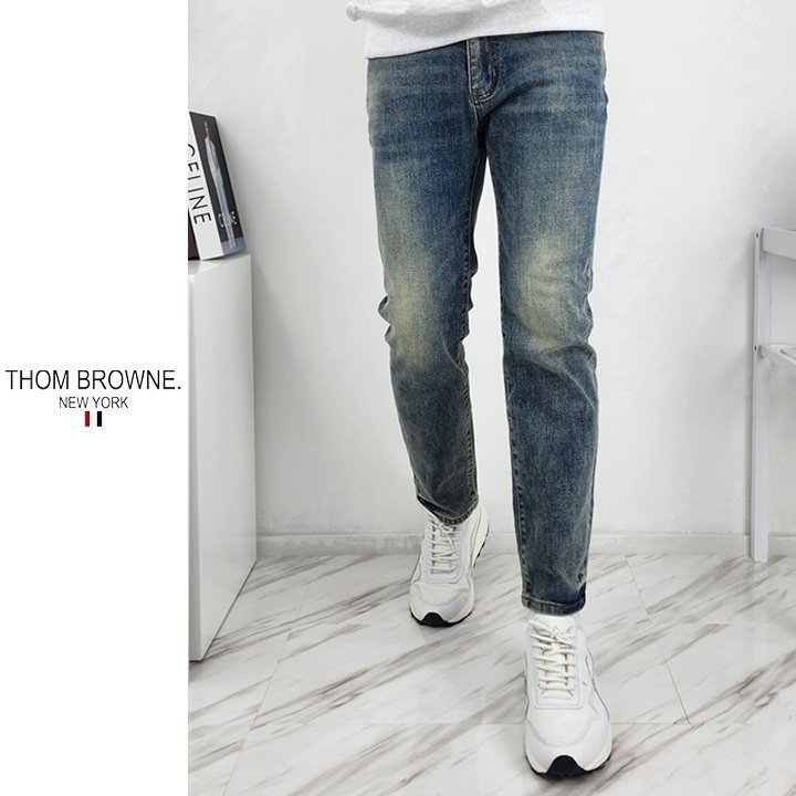THOM BROWNE 톰브라운 블루라벨 백 로고 스판 워싱 데님 진