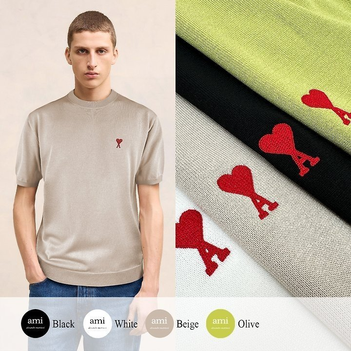 AMI 아미 드 꾀흐 엠브로이더리 니트반팔